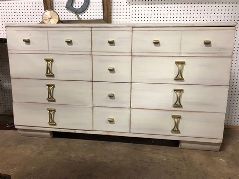 Mid Centuryretro Dresser Painted In Antique White With Gold Hardware