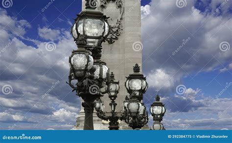 Lamp Posts On Alexander Iii Bridge Against The Clouds 4k Time Lapse