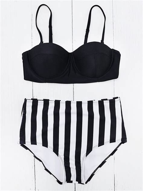 Vertical Striped High Waist Bustier Bikini Set Sheinsheinside