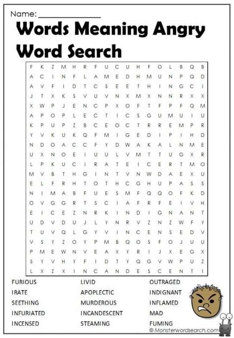 Words Meaning Angry Word Search Monster Word Search