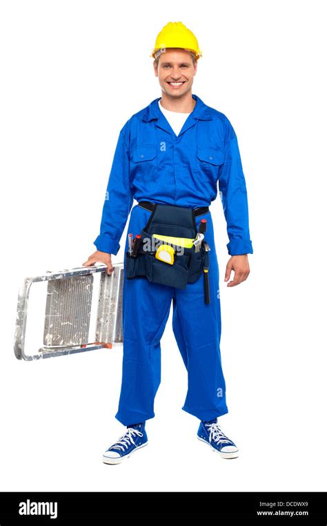Full Length Portrait Of Happy Young Construction Worker Ready For Work