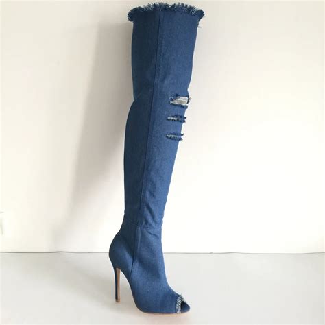 Buy Denim Women Boots Over The Knee Boots Peep Toe Trimed Cut Outs Long Sexy