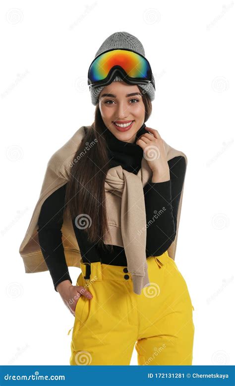Woman Wearing Stylish Winter Sport Clothes On Background Stock Image Image Of Cold Outfit