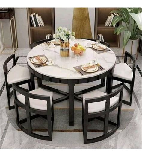 Modern Space Saving Marble Top Wooden Round Dining Table Dt681 6 Chairs