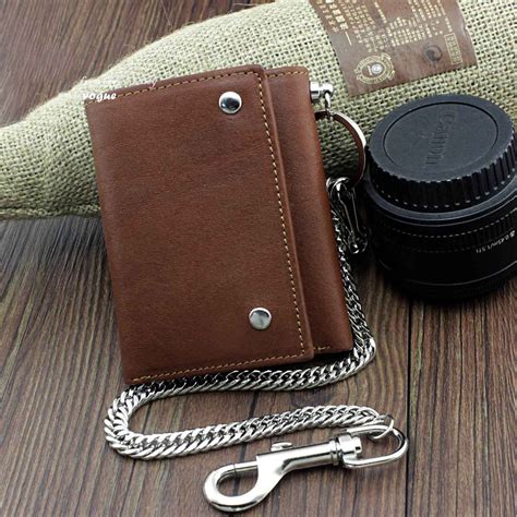 Badass Brown Leather Mens Trifold Small Biker Wallet Chain Wallet Wal