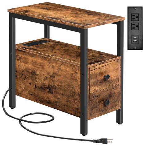 Hoobro End Table With Charging Station Narrow Side Table With 2 Drawer