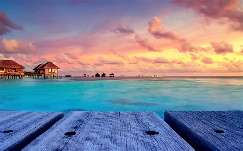 tropical beach nature sunset landscape bungalow maldives resort sky walkway island