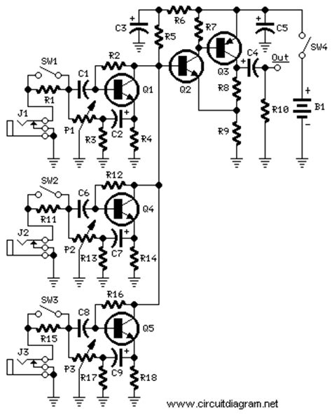 4 simple audio mixer circuits diagram using fet and ics published: Simple 3 Channels Mini Audio Mixer - Circuit Scheme