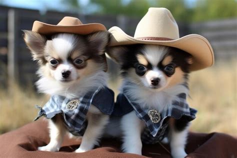 Premium Ai Image Two Puppies Wearing Cowboy Hats Sit On A Brown