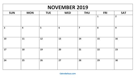 November 2019 Blank Calendar Printable Printable Calendar Template