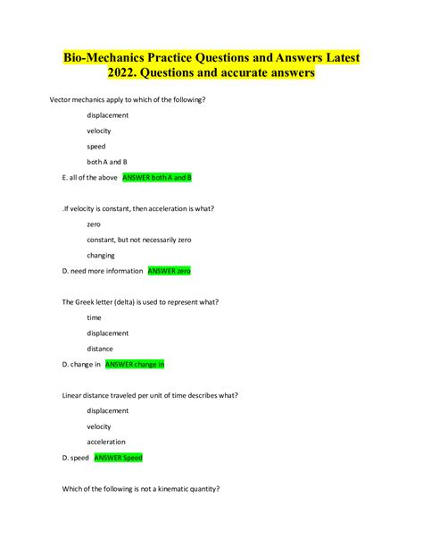 Bio Mechanics Practice Questions And Answers Latest Questions And