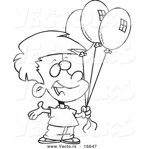 Vector Of A Cartoon Birthday Boy Holding Three Balloons Outlined