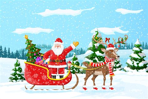 Christmas Background Santa Claus Rides Reindeer Sleigh Winter