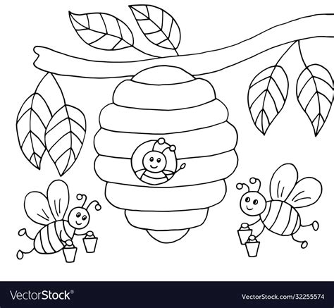 Hand Drawn Cartoon Bees And A Beehive On A Tree Vector Image
