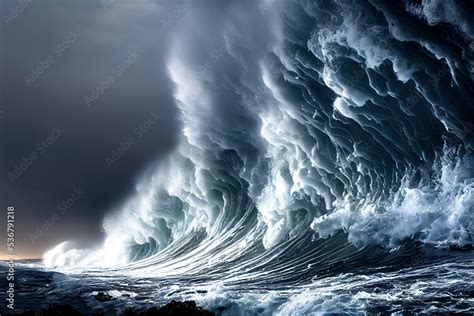 Giant Tsunami Waves Dark Stormy Sky Perfect Storm Huge Waves Tsunami