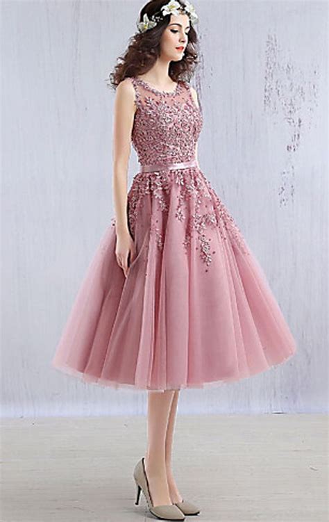 Macloth Midi Lace Tulle Cocktail Dress Dusty Pink Wedding Party Formal