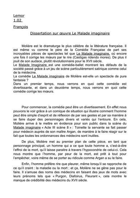 Sujet Dissertation Molière Le Malade Imaginaire La Galerie
