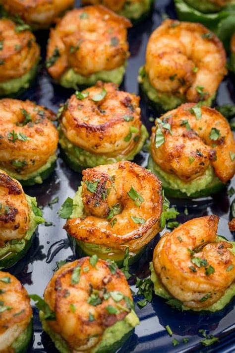 The shrimp is bursting with the flavor of the zesty marinade with lemon, garlic, shallots and herbs punctuating each bite. Avocado Cucumber Shrimp Appetizers - NatashasKitchen.com