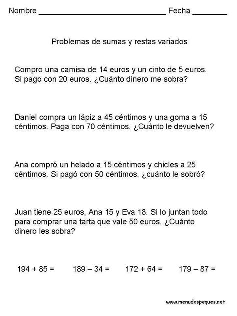 Problemas 16 Sumas Y Restas Problemas De Sumas Matematicas Tercero