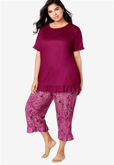 Dreams Co Womens Plus Size Cool Dreams Ruffled Capri Pajama Set