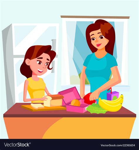 Daughter Helps Her Mother Cooking Together Vector Image