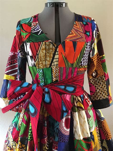 African Wax Print Genuine Patchwork Midi Dress With Pockets Etsy African Design Dresses