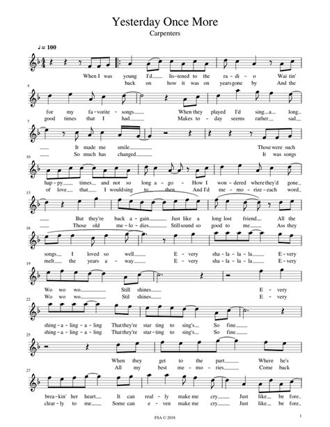 Yesterday Once More Sheet Music For Violin Download Free In Pdf Or