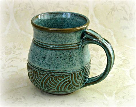 Large Hand Carved Aqua Mug 2400 Via Etsy Mugs Pottery Mugs