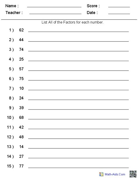 Factoring And Multiples Worksheets