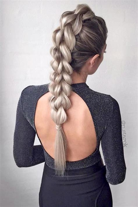 A fresh take on it is to double french braid the center section of your hair halfway, then twist it up into a messy bun. 10 Ultra Ponytail Braided Hairstyles for Long Hair ...
