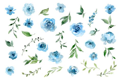 Blue Watercolor Flowers And Green Leaves By