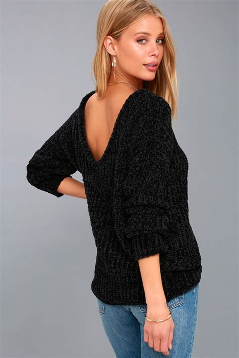 Cute Black Sweater Chenille Knit Sweater V Back Sweater Lulus