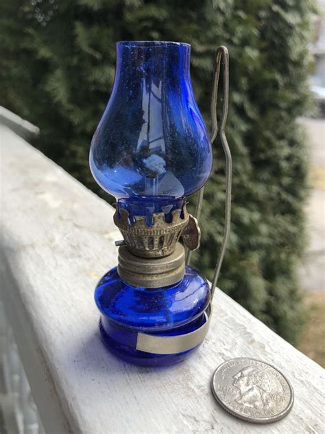 Miniature Oil Lamp Cobalt Blue Glass Brass Burner And Wall Mount Oil