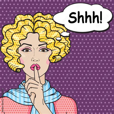Retro Girl Says Shhh Pop Art Comics Style Vector Blond Curly Woman