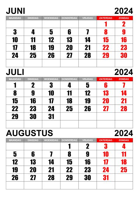 Kalender Juni Juli Augustus 2024