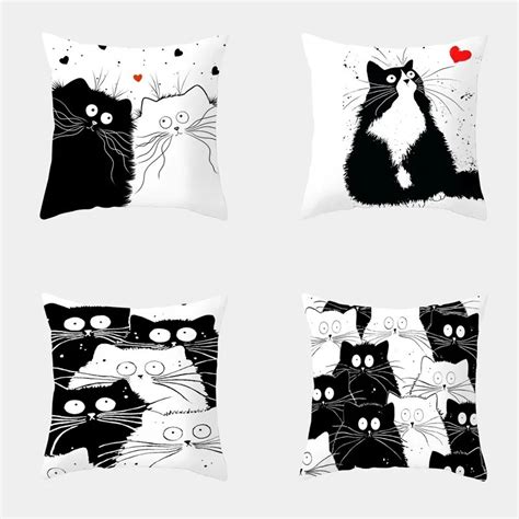 Funny Black Cat Pillow Case Creative Naughty White Cat Throw Pillowcase Decorative Pillowcases