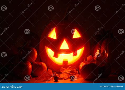 Scary Pumpkin Head With Glowing Eyes Symbol Of Halloween Stock Image