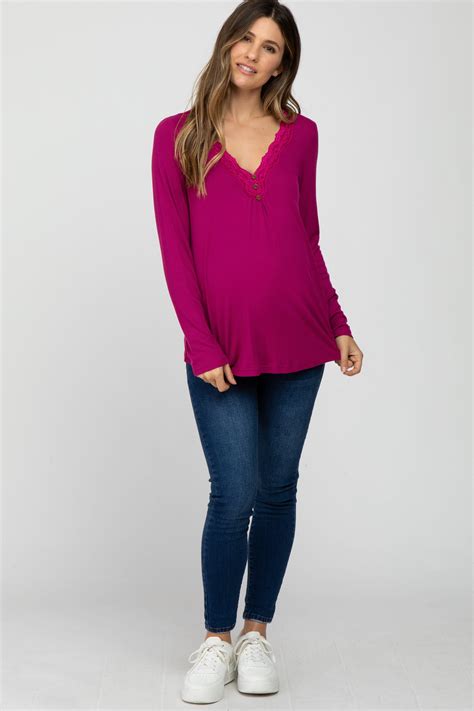 Magenta Lace Trim Maternity Long Sleeve Top In 2022 Maternity Long Sleeve Tops Long Sleeve
