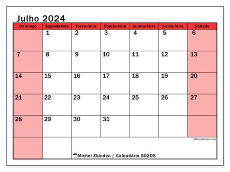Calendário De Julho De 2024 Para Imprimir “504ds” Michel Zbinden Pt