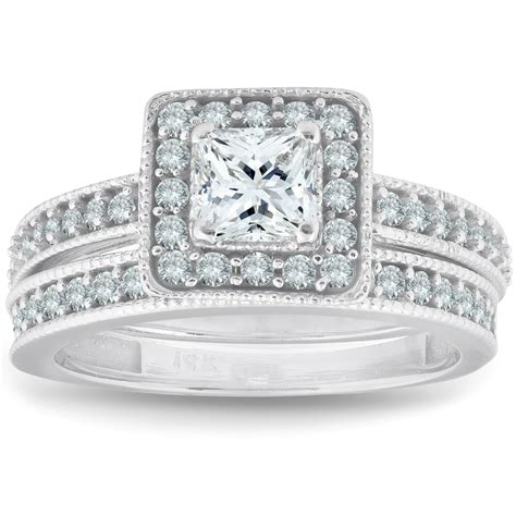 Pompeii3 1ct Princess Cut Halo Diamond Engagement Wedding Ring Set