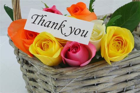 Thank You Card With Colorful Roses In Wicker Basket Stock Photo By