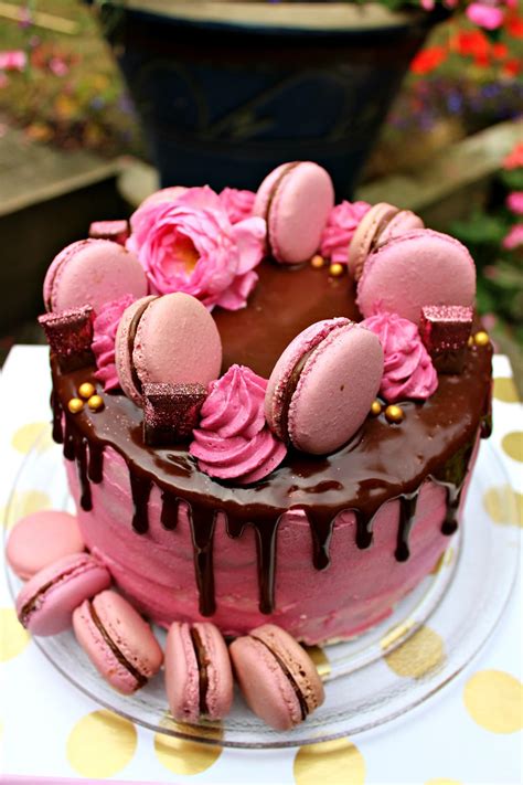 pink macaron chocolate ganache drip cake
