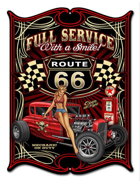 Route 66 Hot Rod Pin Up Girl Sign Garage Shop Art 14x18 Reproduction