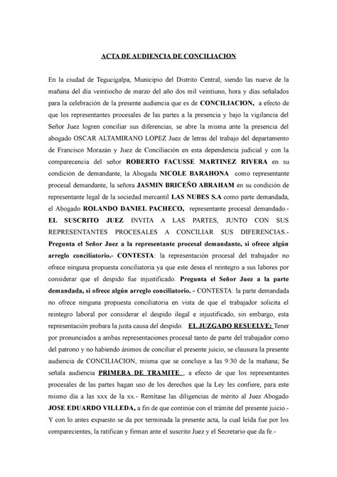 Acta De Audiencia De Conciliacion Laboral Acta De Audiencia De