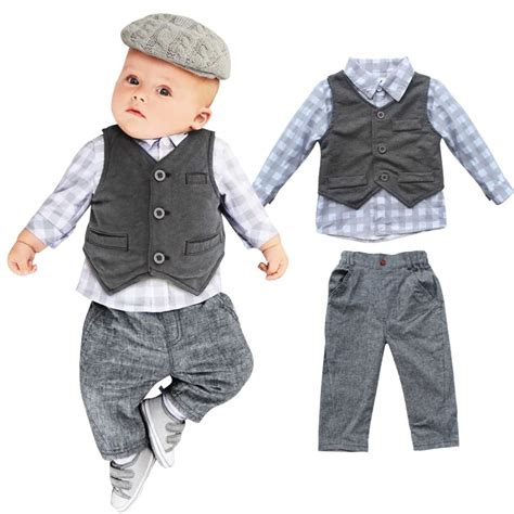 3 Pcs Newborn Baby Boy Kids Clothing Sets Grey Waistcoat Pants