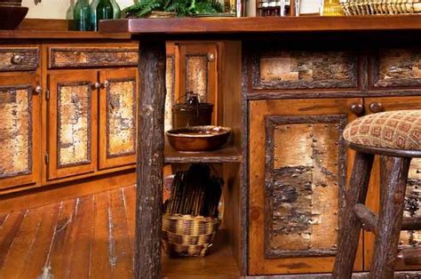 If your own kitchen doesn't offer intriguing possibilities for recycling materials, you can still find cool items to incorporate. birch bark furniture - Google Search | Rustic kitchen cabinets, Rustic storage cabinets, Rustic ...