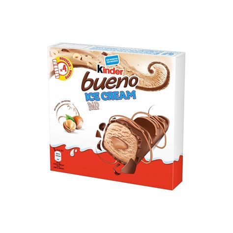Hazelnut dairy ice cream and milk chocolate sauce finger (5%) (made with 10% milk chocolate) in a wafer cone (13%) with cocoa flavour coating (6%), topped with hazelnut compound disk (12%) and kinder lovers can rejoice as the deliciousness of kinder bueno is finally available in ice cream. KINDER BUENO ICE CREAM BAR GR 128