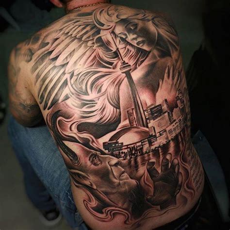 The tattoos community on reddit. Street City Tattoos on Twitter: "Got this back piece done up. Battle vs good and evil over the ...