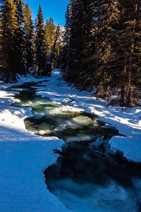 Baker Creek Flowing Past Snow Covered Banks Banff National Park