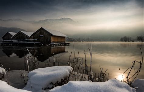 Nature Landscape Winter Calm Cabin Lake Mist